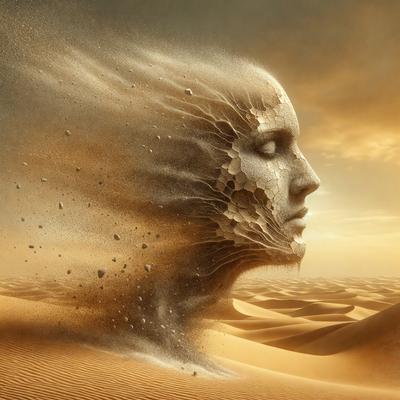 The primary subject of the image is a close-up of a person's head, with a focus on the face. The setting is a desert landscape, with sand and a sky background. The visual style is a combination of photo and digital art, creating a surreal and artistic representation of the person's head. The colors are predominantly earth tones, with a warm and dry atmosphere.